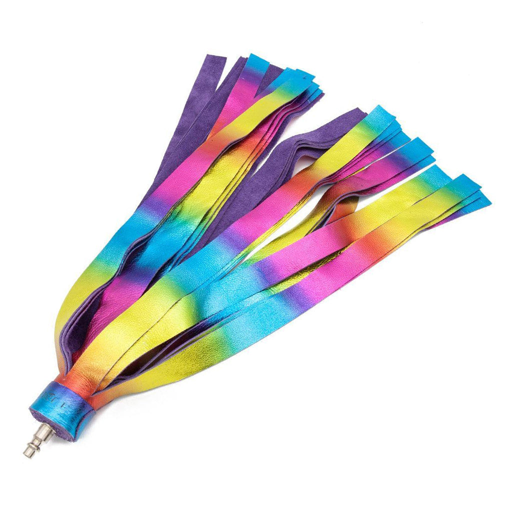 The Metallic Cow Leather Interchangeable Flogger Head 1" in Rainbow is shown against a blank background. The leather strips are a rainbow gradient on the metallic sides, and the backsides are purple.