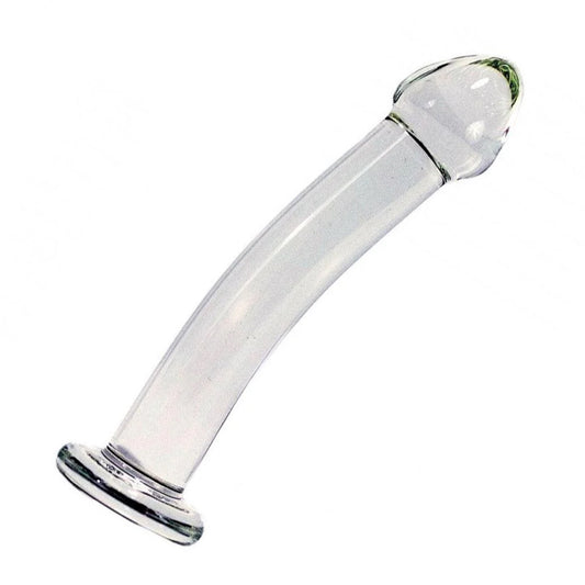 The Strapon Compatible Clear Glass Dildo is shown upright against a blank background. It is slightly curved with a pronounced, tapered head.
