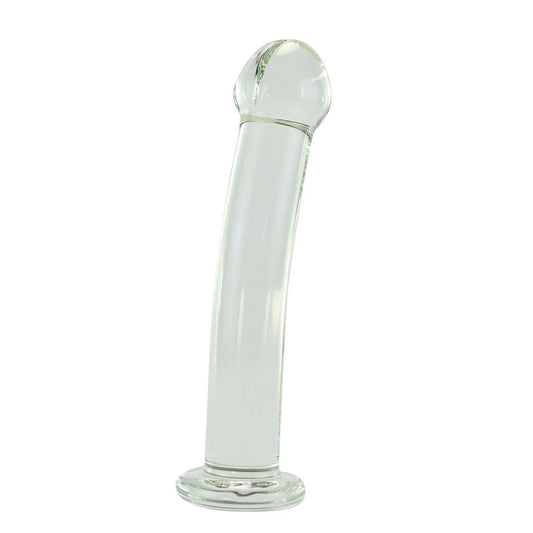 The Strapon Compatible Clear Glass Dildo is shown against a blank