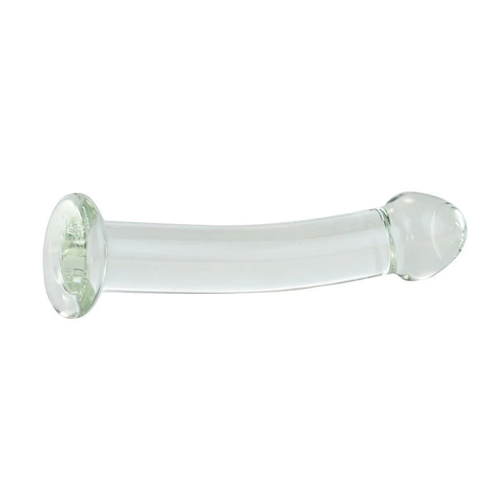 The Strapon Compatible Clear Glass Dildo is shown against a blank