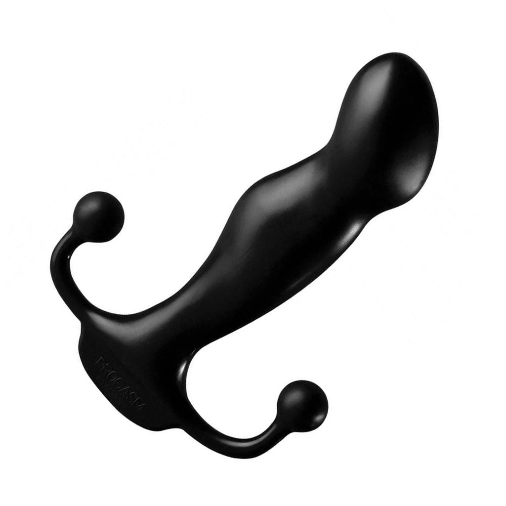 The Aneros Progasm Prostate Massager is shown against a blank background. The toy is black and has a pronounced, blunt head with a bump underneath it.