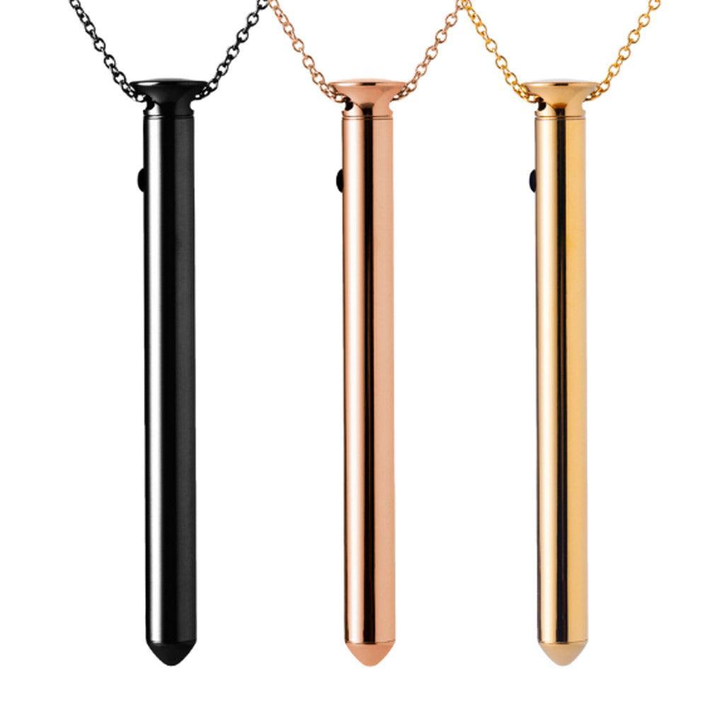 Product image of 3 vibrating metal necklaces in gold, black, and rose gold colors