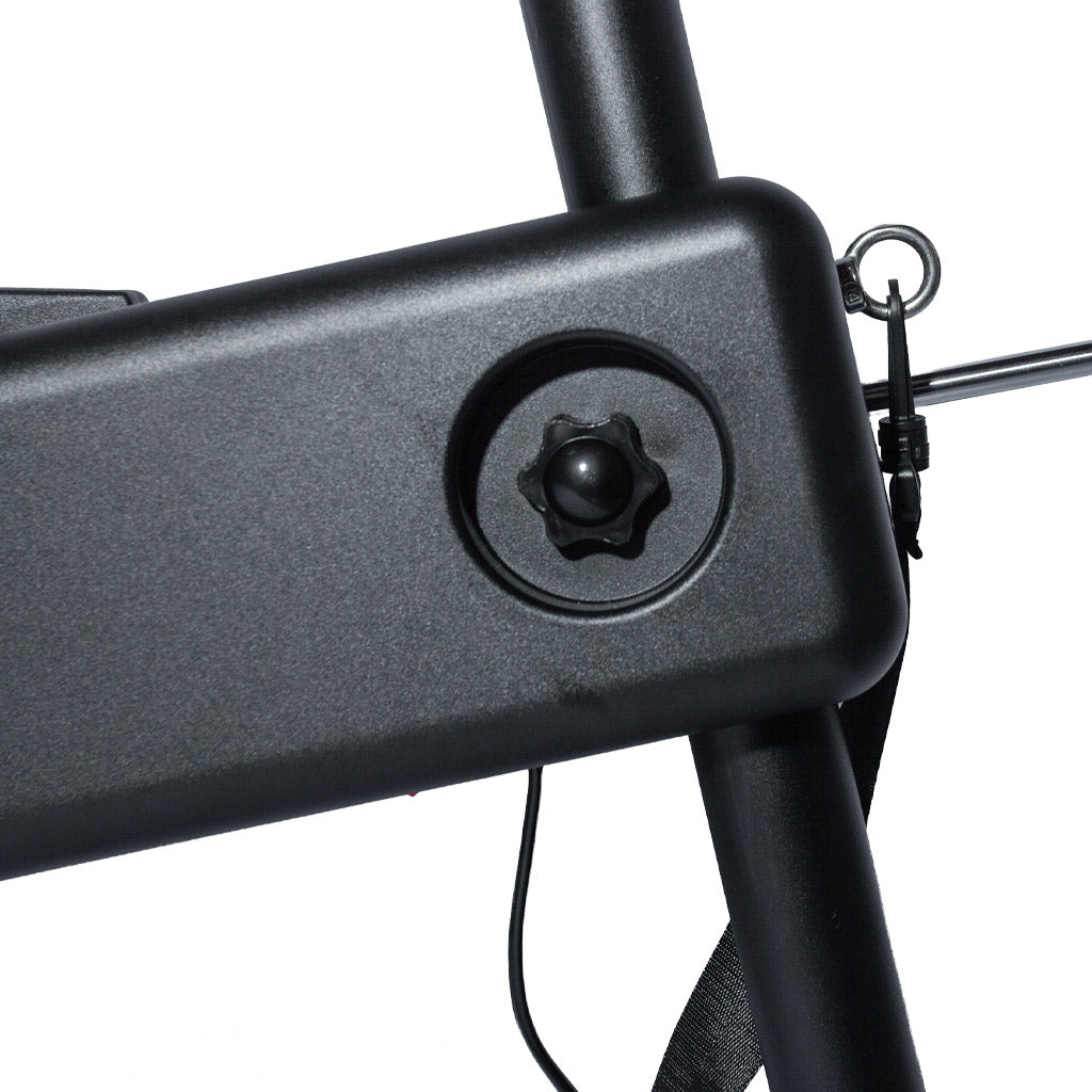 Closeup of one of the adjustment points for the front leg of the Shredder.