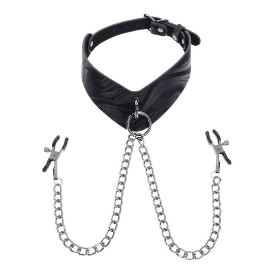 A collar made of black patterned leather on a white background. A chain with two adjustable clamps at either end is threaded through the ring at front.