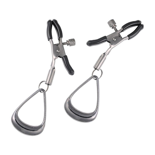 One pair of the Velvet Noir Tuggable Nipple Clamps on white background. The clamps are made of metal, with a thumb screw on each to adjust tension. Each one has a large loop on the end to put a finger through and tug.