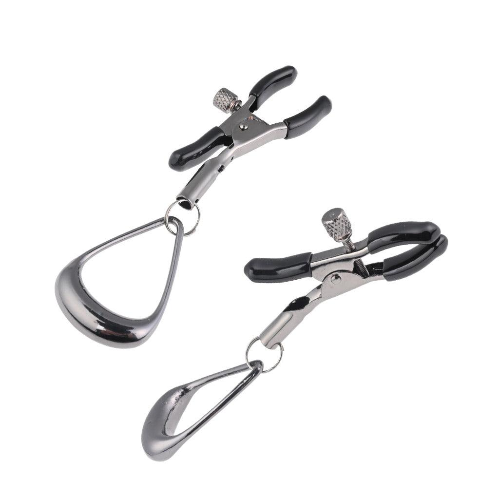 One pair of the Velvet Noir Tuggable Nipple Clamps on white background. The clamps are made of metal, with a thumb screw on each to adjust tension. Each one has a large loop on the end to put a finger through and tug.