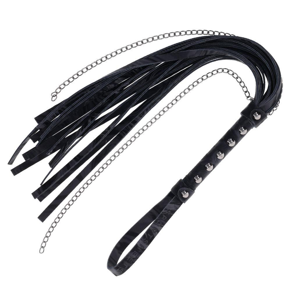 Product shot of the Velvet Noir Chain Flogger on a white background. The handle is studded with round metal disks and the falls have both faux-leather and metal chains.
