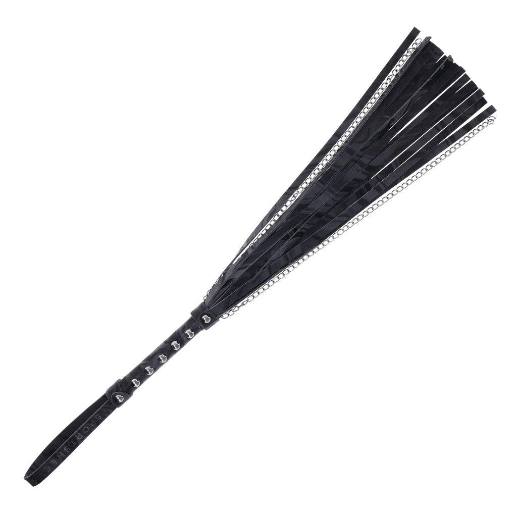 The Velvet Noir chain flogger on a white background, laid out flat with all the falls straight.