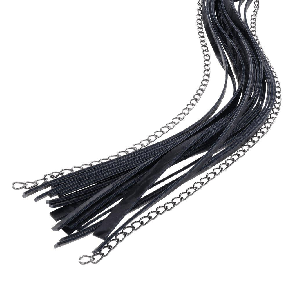 Closeup of the falls on the Velvet Noir Chain Flogger. Two of them are metal chains, while the rest are faux-leather.