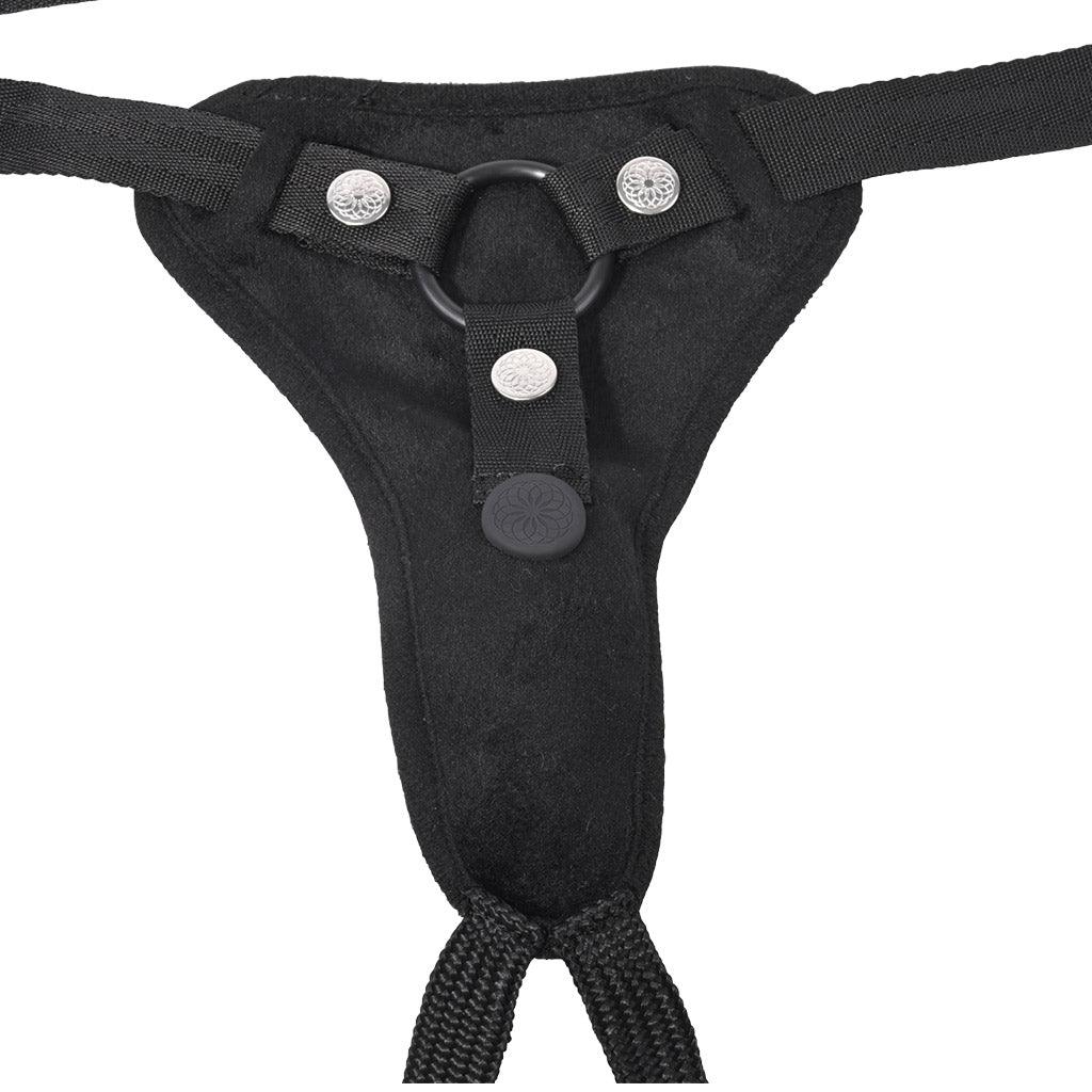 Close-up of the harness, shown from front. An O-ring is visible in front, held by three loops with snap closures.