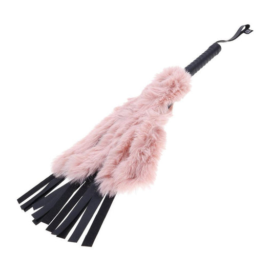 Full product photo showing a flogger with faux-leather falls, covered by soft pink fur.