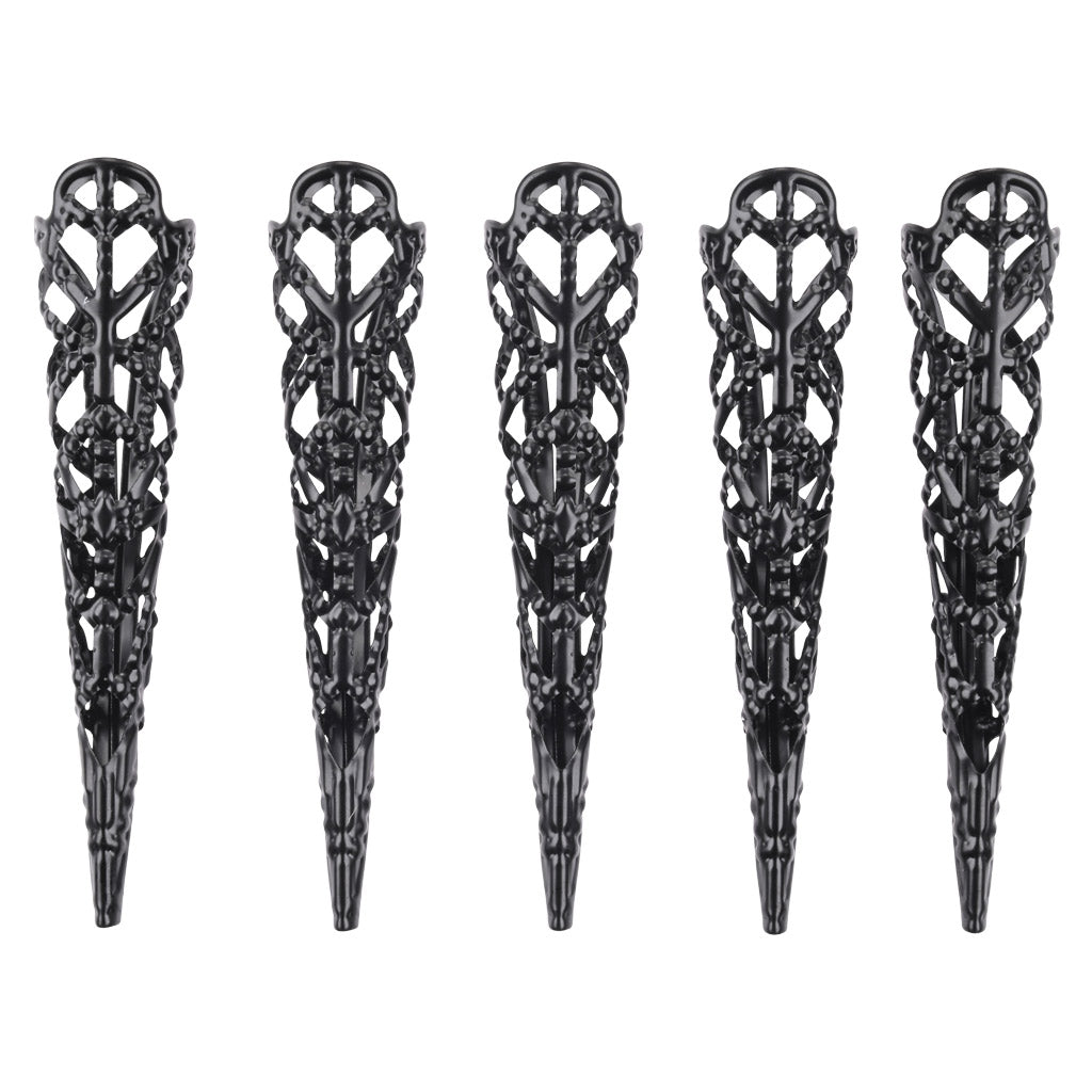 5 Metal finger tips, with ornate designs and coming to a sharp point at the end.