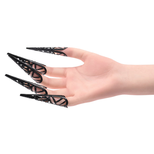 A person's left hand, with the Sensory Fingertips fitted to each finger and the thumb.