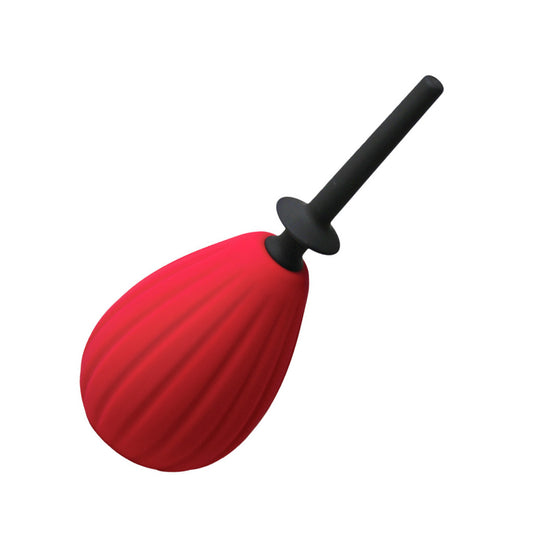 The Aneros Prelude Enema Bulb on a white background. The bulb is a bright red with a black nozzle.