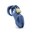 Load image into Gallery viewer, A chastity cage, made of blue glitttery plastic, with a brass padlock on the top.