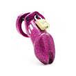 Load image into Gallery viewer, A pink chastity cage with a sparkly surface and a brass Master padlock on the top.