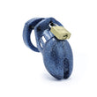 Load image into Gallery viewer, A chastity cage made of blue plastic with glitter embedded in the surface. A brass padlock on the top keeps it closed.