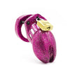 Load image into Gallery viewer, A chastity cage made of pink glittery plastic with a brass padlock on the top.