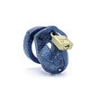 Load image into Gallery viewer, The CBX "Mini-Me" penis cage, shown on a white background. The cage is made of blue plastic with a glittery surface. A brass padlock holds the top closed.