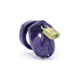 Load image into Gallery viewer, The CBX "Mini-Me" penis cage, shown on a white background. The cage is made of purple plastic with a glittery surface. A brass padlock holds the top closed.