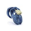 Load image into Gallery viewer, A medium-sized penis cage made of blue plastic shown on a white background. The plastic is covered with glitter, and a brass padlock keeps the top closed.