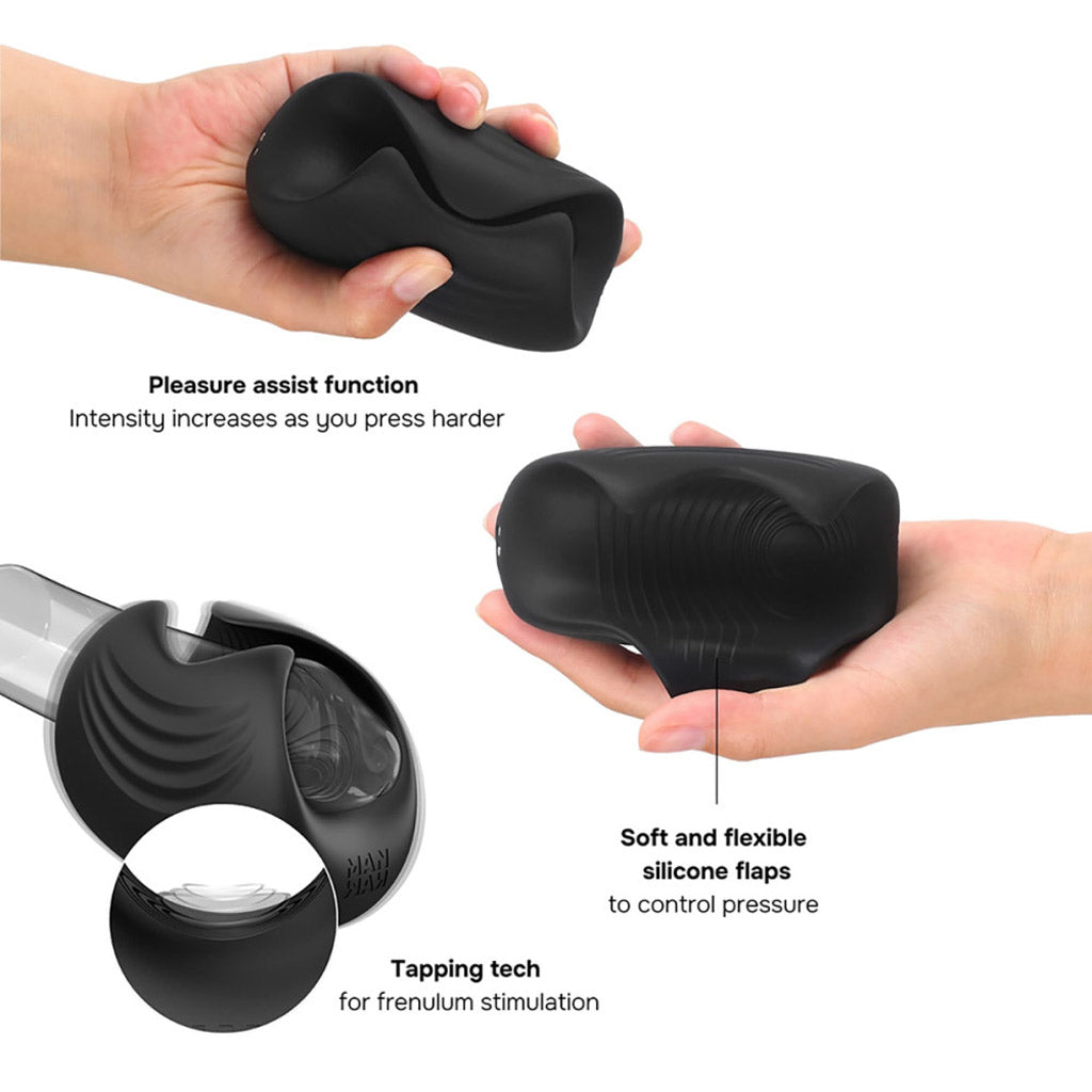 Several product shots showing the Sub One Vibrator with the sleeve side up. Two of the shots have it being held in a person's hand; the final one shows it on a glass dildo.