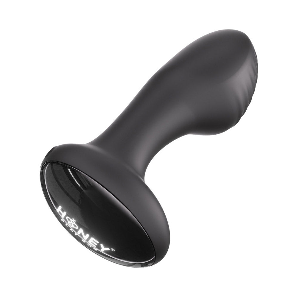 Black model of the Frenzy Butt Plug, angled away from the viewer to show the shiny base.
