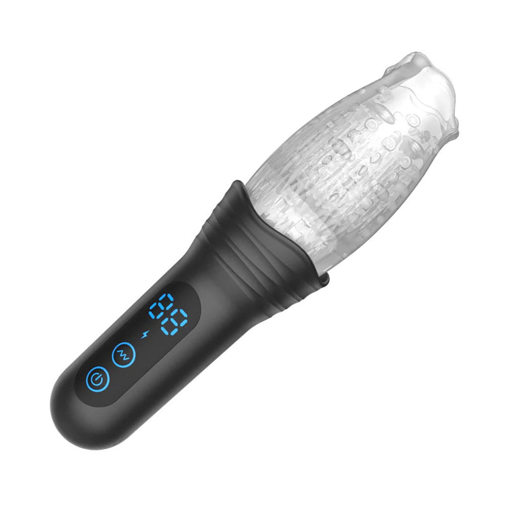 Male Rose Pro vibrating sleeve on a white background: The handle is black plastic with digital controls; the sleeve is shaped like a rose blossom of clear silicone.