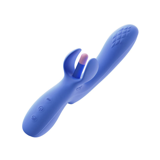 The FORTEXA vibe in a blue color against a white background. The shaft is gently curved, with a clit vibrator that has two petal-like folds on either side.