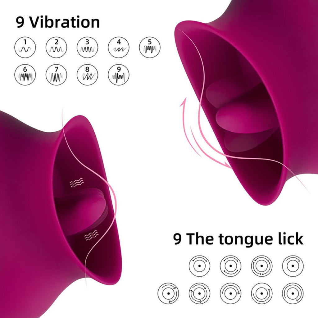 Two Alvina tongue vibrators facing eachy other, focused on the tongues, with illustrations showing the 9 vibration patterns and the 9 patterns of movement.