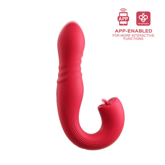 Maroon version of the Joi Rotating head vibrator in profile with the shaft pointing up, and the tongue stimulator for the clit clearly visible. Text: "App-enabled for more interactive functions."