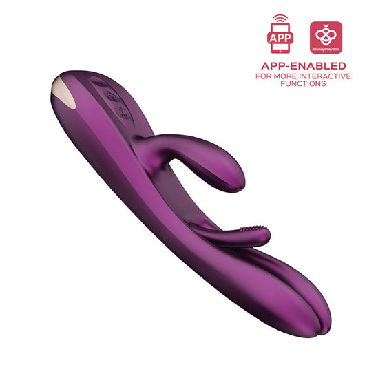 Purple model of the Terri Rabbit Vibrator, angled diagonally (Left to right) on a white background, with text: "App-enabled for more interactive functions."