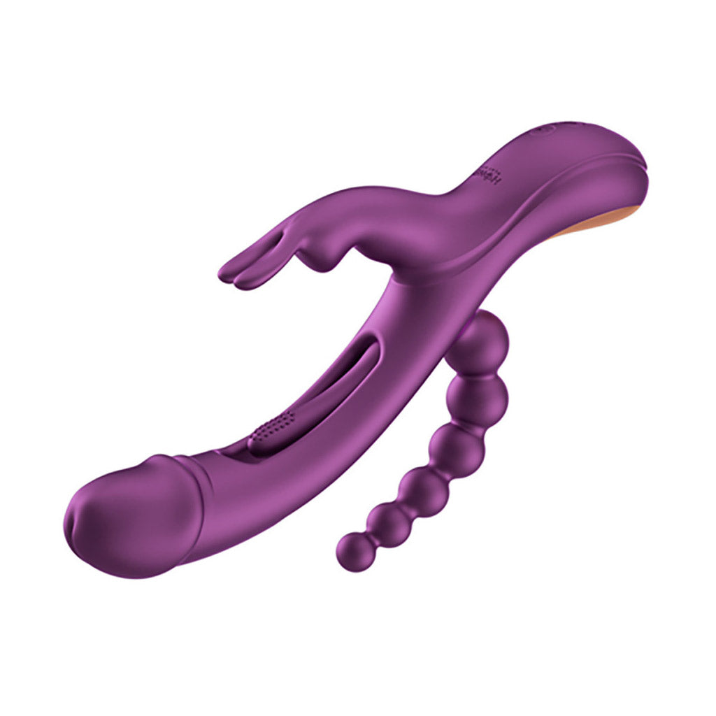 A purple model of the Trilux Rabbit vibe against a white background, showing the shaft, clit stimulator, and anal beads.