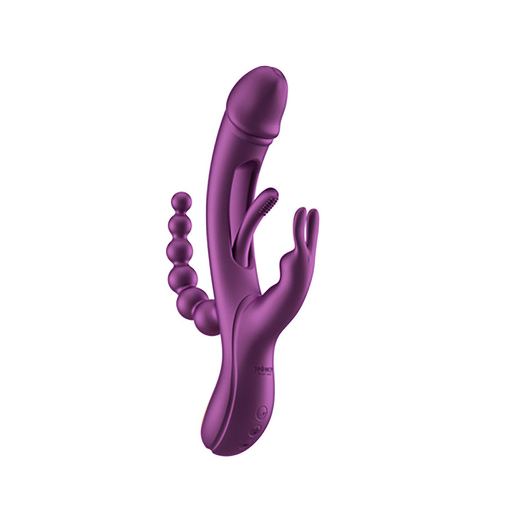 Purple model of the Trilux Rabbit Vibe shown against a white background, rotated about 45 degrees so that the tongue, shaft, rabbit, and beads are visible.