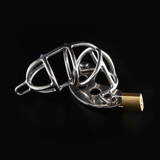 A steel chastity cage seen from the side with a padlock in the base.