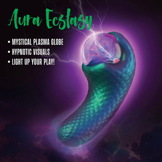 Image of the Enchanted Serpent vibrator against a purple and black background, with the plasma globe working. Text: Aura Ecstasy: * Mystical Plasma Globe * Hypnotic Visuals *Light up your play!