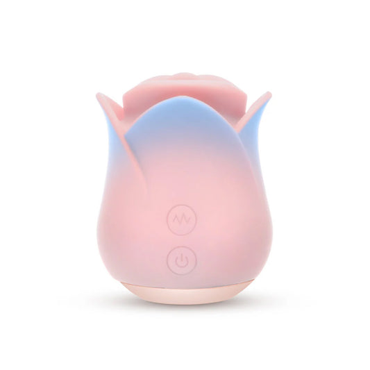 The Kissing Rose vibrator seen from the side against a white background. The power and vibration pattern controls are visible.