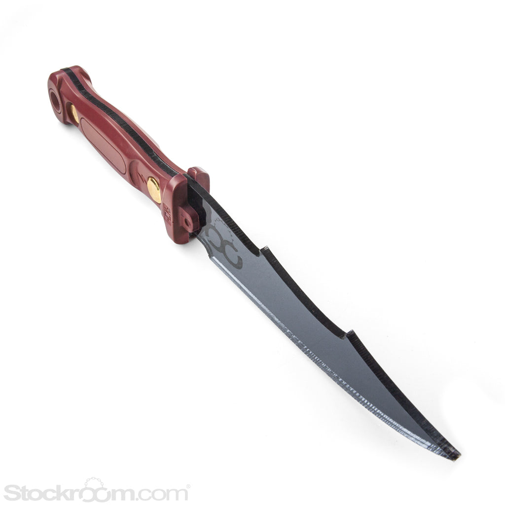 The top of the stockroom x Chaotic Kink electro-knife is shown on a white background. The Stockroom cuff logo is etched on the base of the blade.