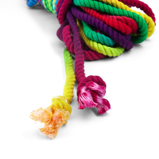 The knotted ends of the rainbow bamboo silk rope are shown against a white background.
