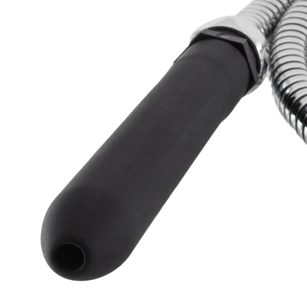 A close-up of the nozzle of the hydroshot travel douching hose kit is shown on a white background.