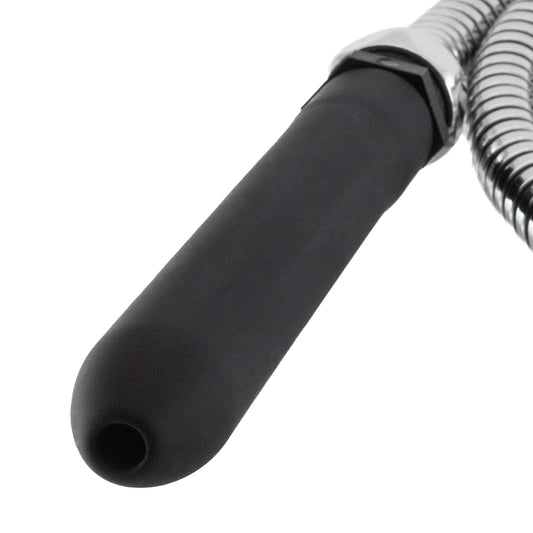 A close-up of the nozzle of the hydroshot travel douching hose kit is shown on a white background.