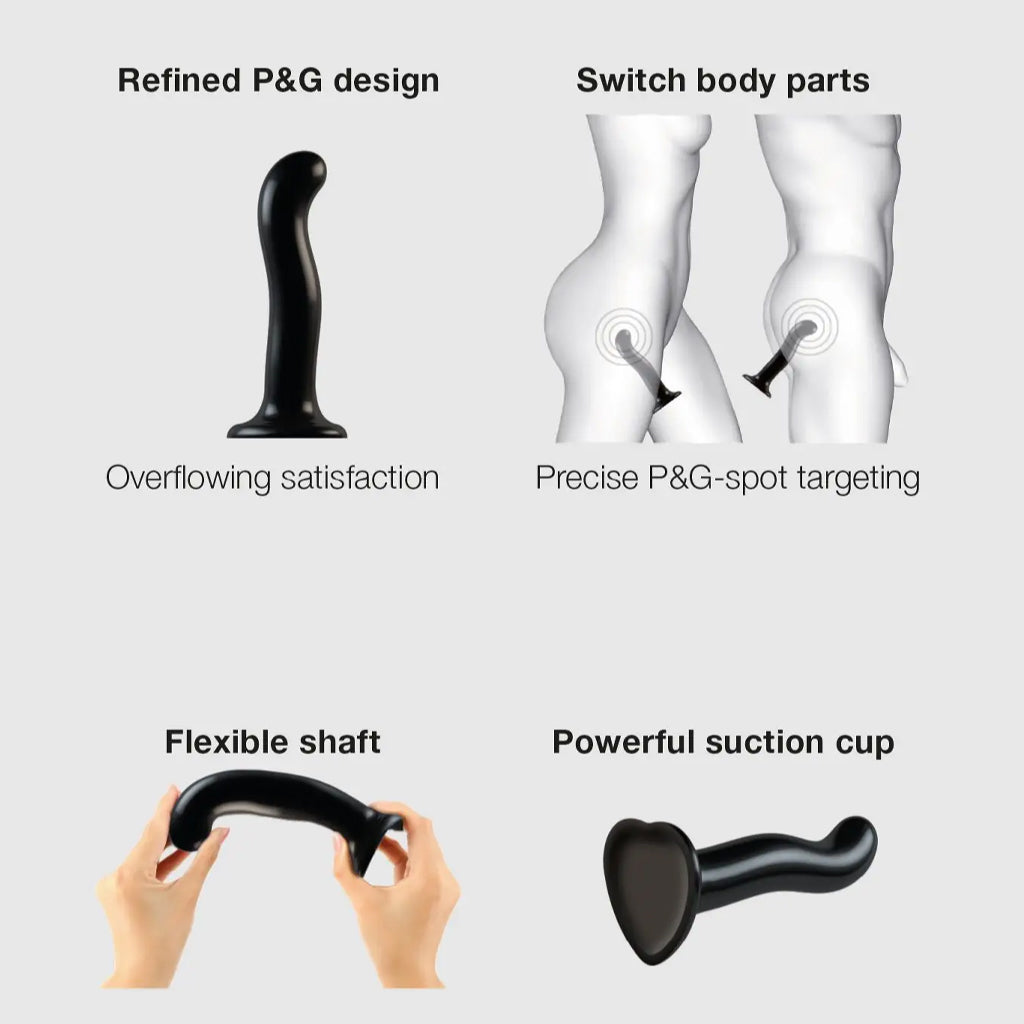 Information about the black Strap-On-Me P&G spot dildo are shown on a light gray background.