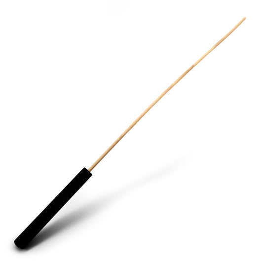 The rattan cane with suede handle is shown on shown on a white background.