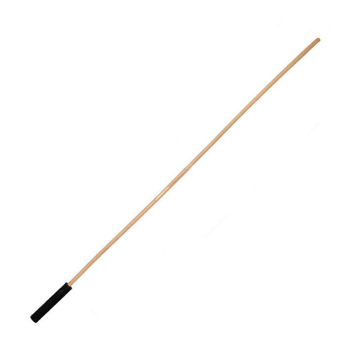 The Rattan Cane With Suede Handle is displayed against a blank background. The cane is made of a straight, thin, cylindrical piece of pale wood with a black suede handle.