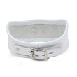 Load image into Gallery viewer, The White Curved Posture Collar is displayed from the back against a blank background. The collar has a lockable silver buckle and an adjustable strap.
