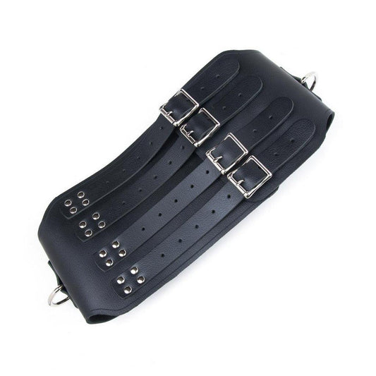 The front side of the black Heavy Leather Waist Cincher is shown against a blank background. The cincher has four adjustable straps with silver metal buckles.