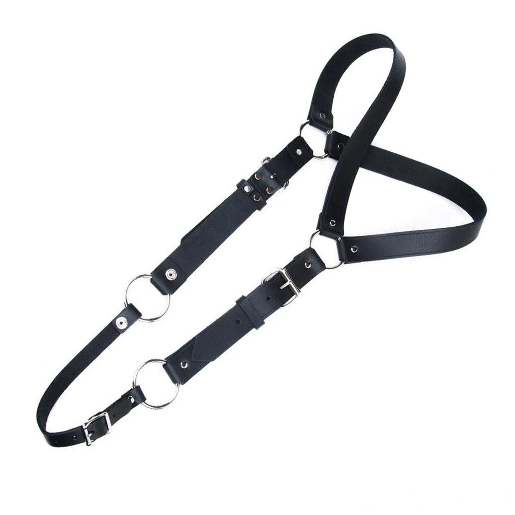 The black Leather Y Body Harness with a Metal O-Ring is shown against a blank background.
