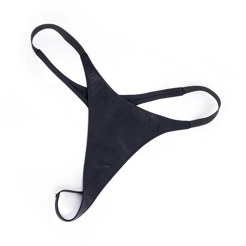 The Women's black Leather Thong is displayed against a blank background.