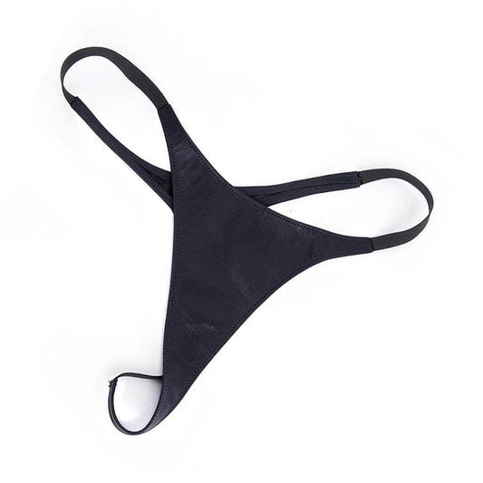 The Women's black Leather Thong is displayed against a blank background.