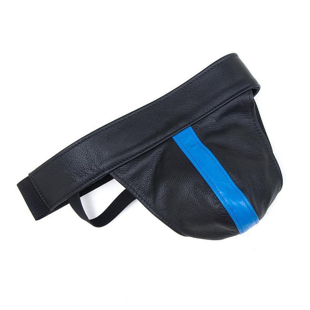The Blue Leather Color Coded Jockstrap is shown against a blank background. It is a black leather jockstrap with black elastic strips. There is a vertical strip of blue leather in the center of the jock.